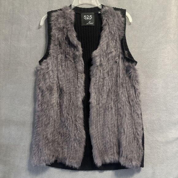 525 America Luxe Real Rabbit Fur Open Vest Womens Size Small Black Gray - Picture 1 of 8